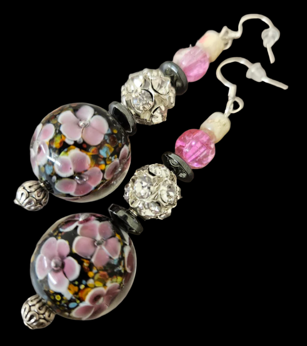 Black Pink & Silver Beaded Lampwork Glass Floral Pierced Earrings