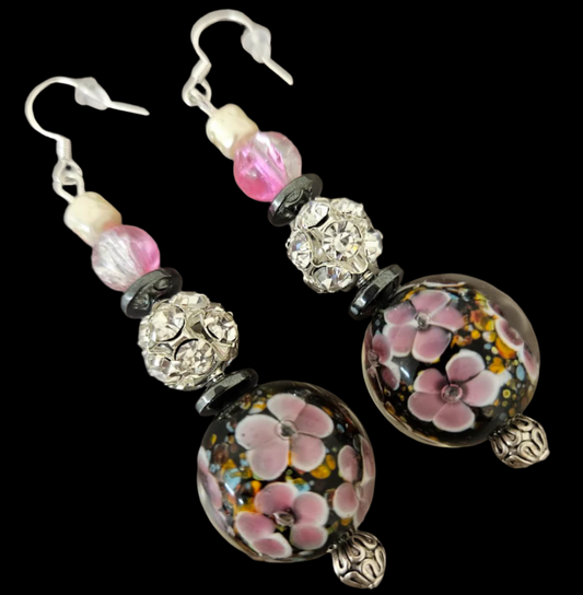 Black Pink & Silver Beaded Lampwork Glass Floral Pierced Earrings
