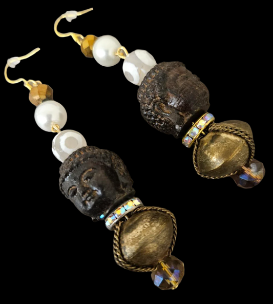 Wood Buddha Brass & Gemstone Tribal Beaded Pierced Statement Earrings