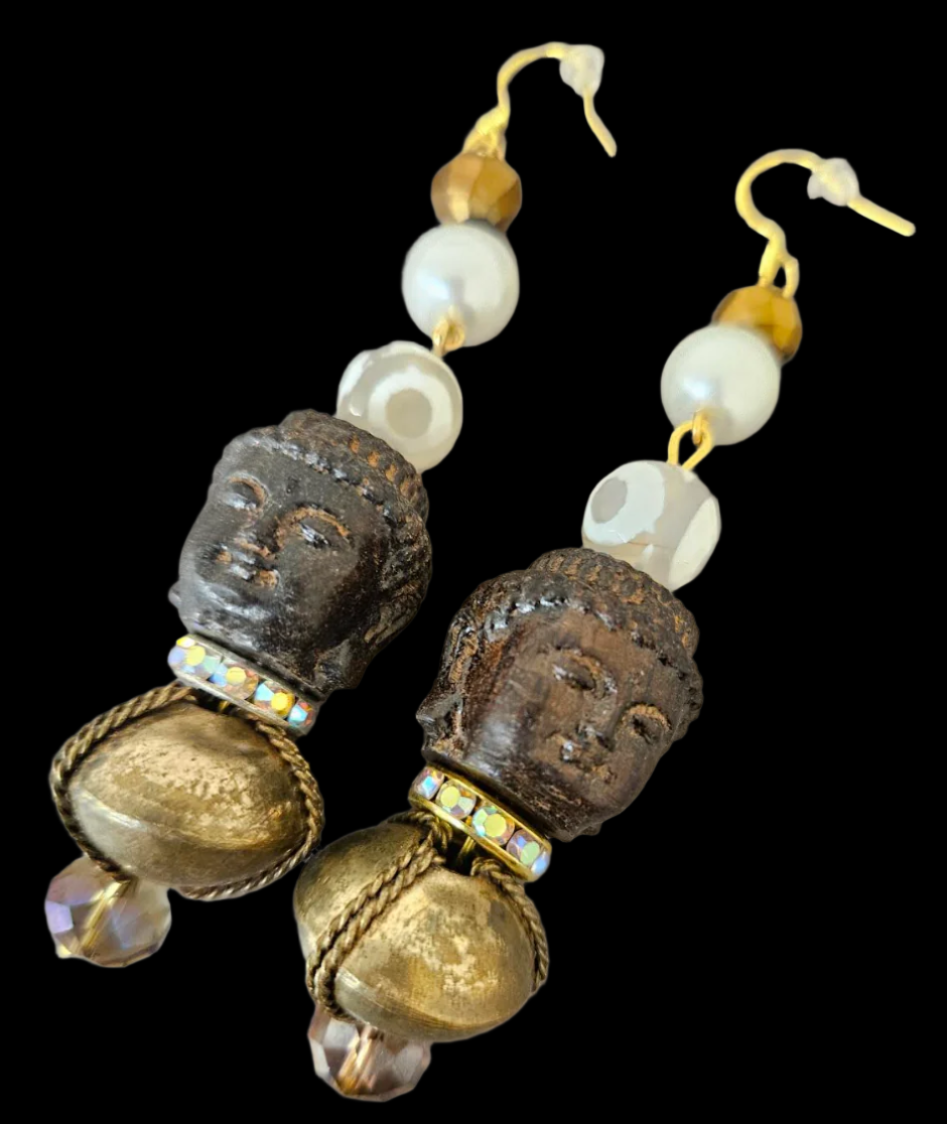 Wood Buddha Brass & Gemstone Tribal Beaded Pierced Statement Earrings
