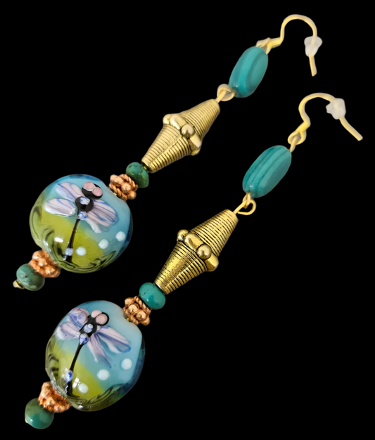Dragonfly Motif Beaded Lampwork Dangle Pierced Earrings - Art to Wear