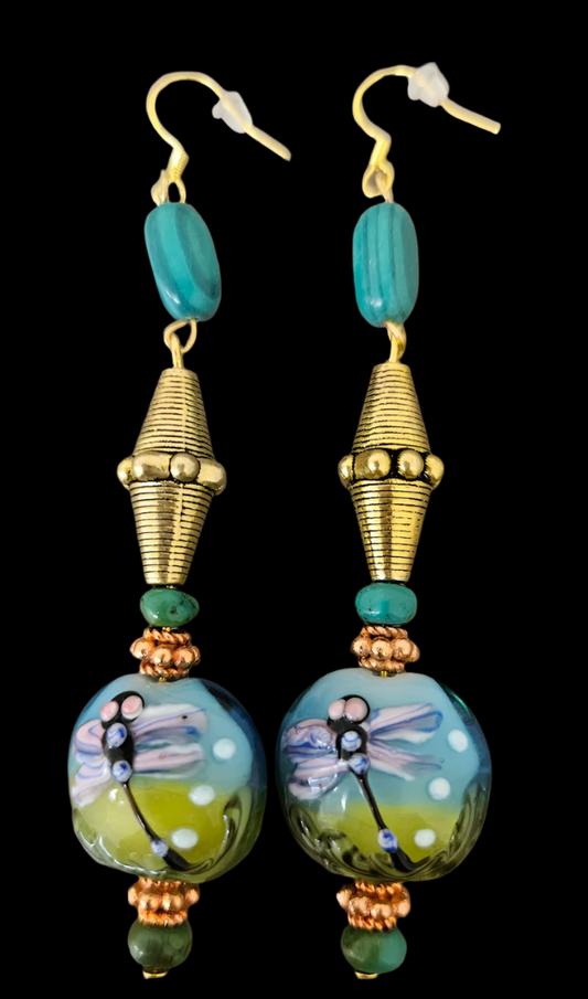 Dragonfly Motif Beaded Lampwork Dangle Pierced Earrings - Art to Wear