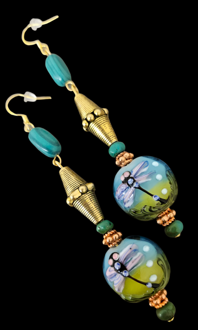 Dragonfly Motif Beaded Lampwork Dangle Pierced Earrings - Art to Wear