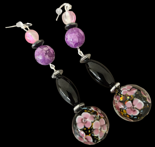 Pink Lampwork Glass Floral Beaded Dangle Pierced Earrings - Feminine