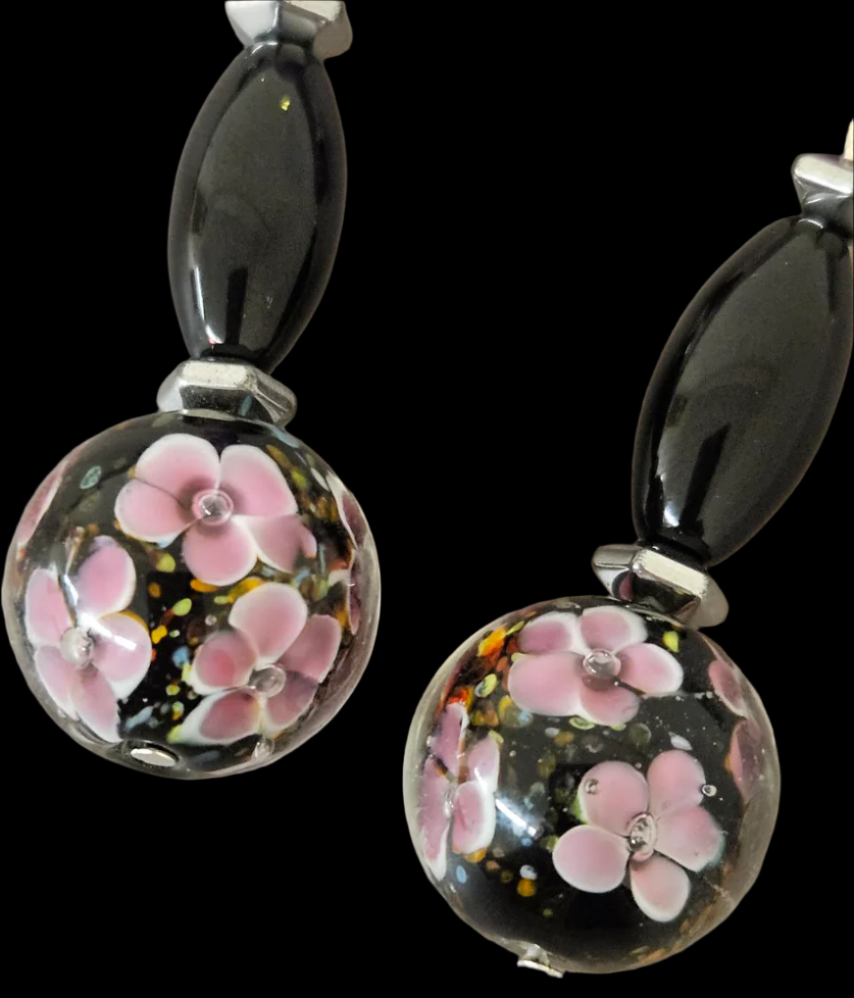 Pink Lampwork Glass Floral Beaded Dangle Pierced Earrings - Feminine