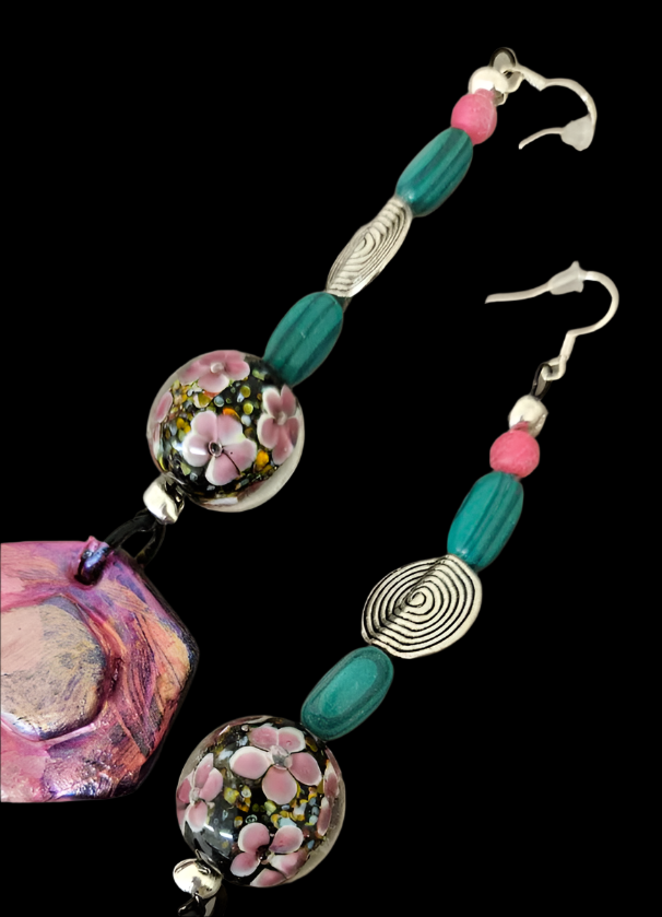 Pink Green & Silver Beaded Shoulder Duster Pierced Statement Earrings