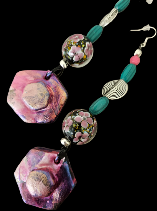 Pink Green & Silver Beaded Shoulder Duster Pierced Statement Earrings