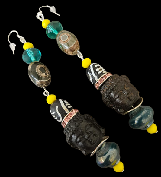 Agarwood Buddha Head Shoulder Duster Pierced Dangle Earrings - Exotic