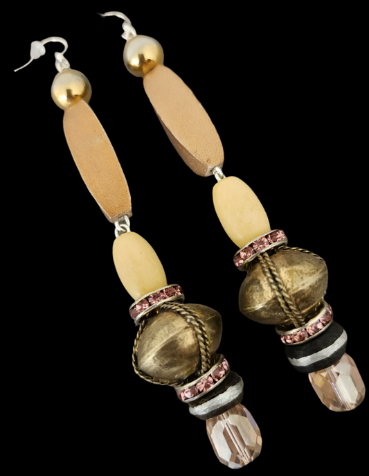 Gold & Cream Beaded Shoulder Duster Pierced Earrings - Super Long Rich