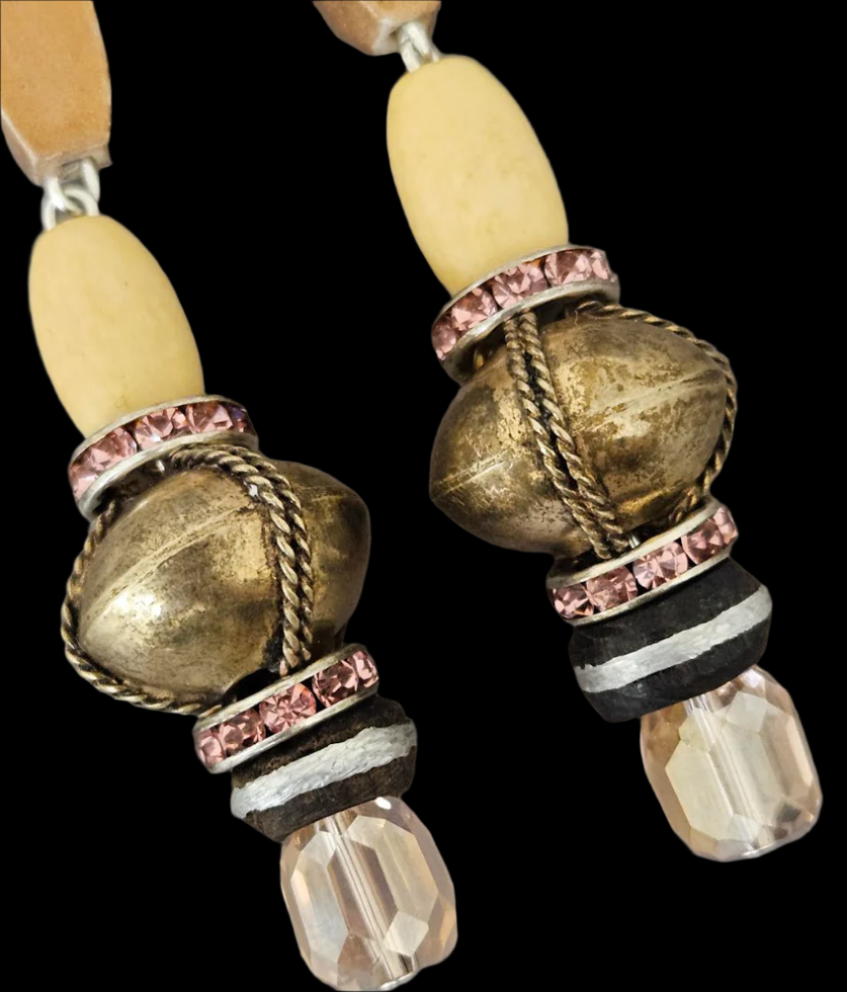 Gold & Cream Beaded Shoulder Duster Pierced Earrings - Super Long Rich