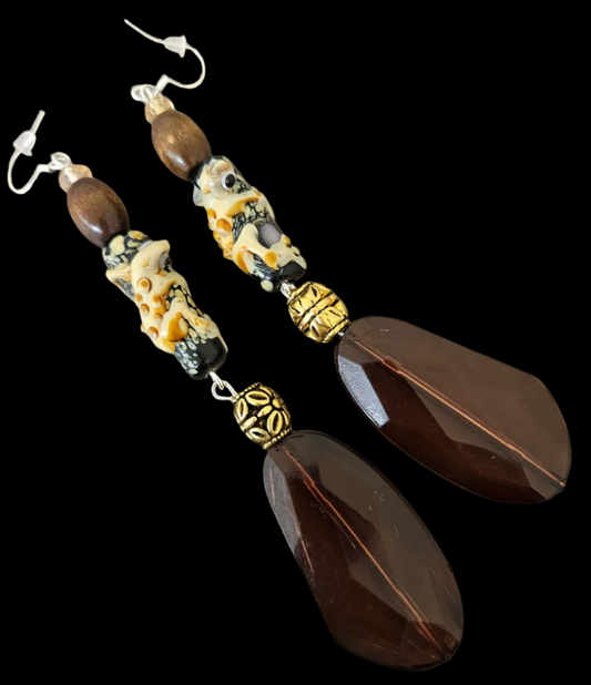 Brown Gecko Beaded Exotic Shoulder Duster Pierced Statement Earrings