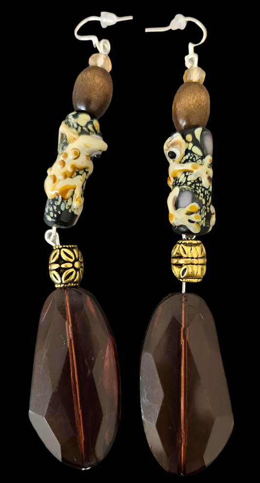 Brown Gecko Beaded Exotic Shoulder Duster Pierced Statement Earrings