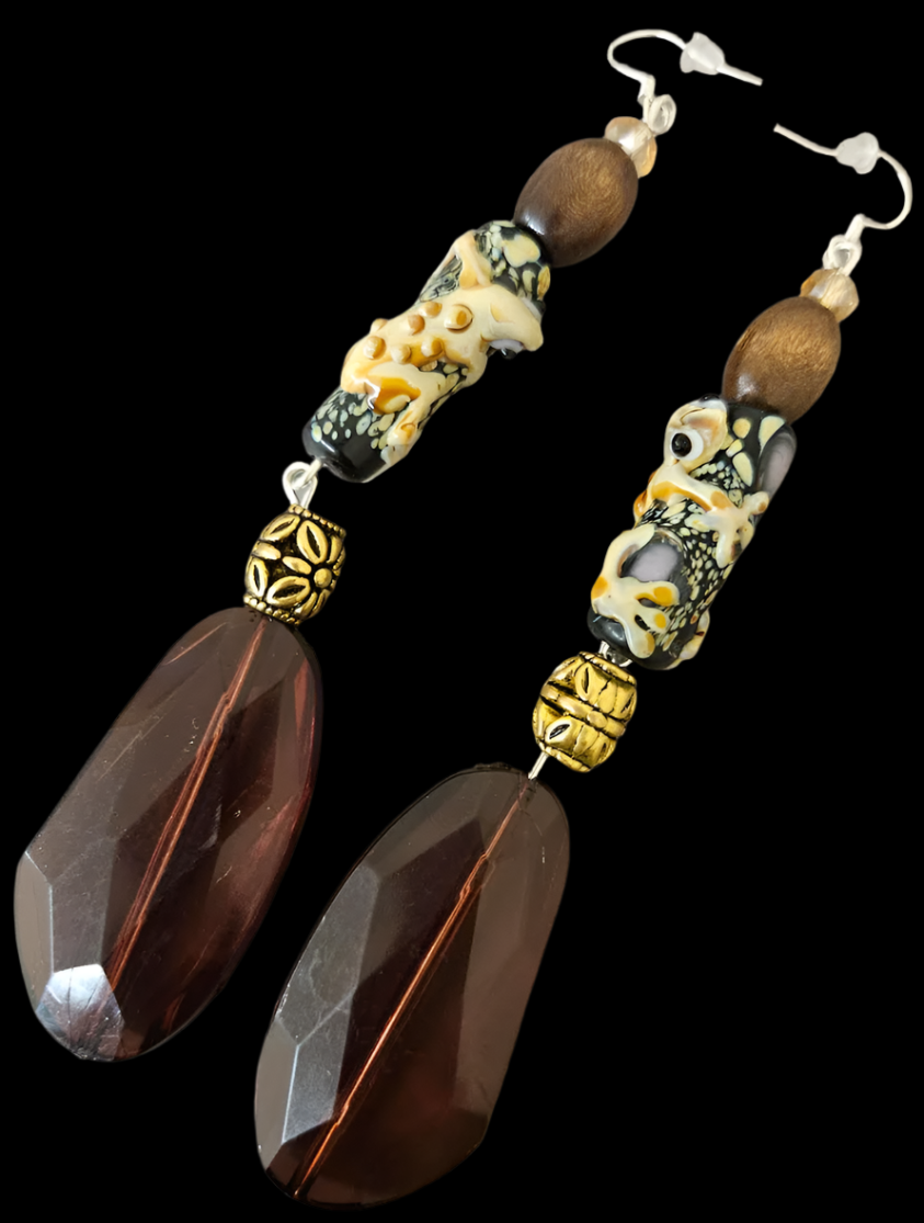 Brown Gecko Beaded Exotic Shoulder Duster Pierced Statement Earrings