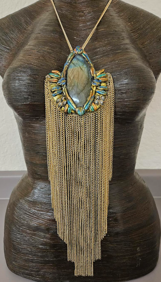 Sculpted Labradorite Gemstone Pendant with Waterfall Chains - Flashy