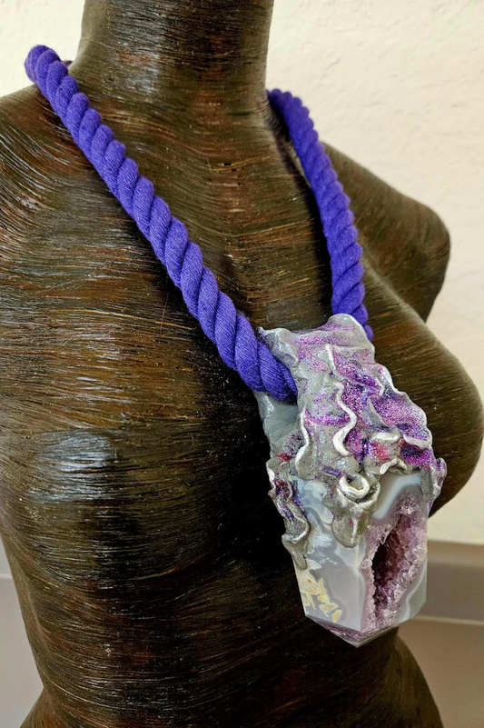 Agate & Amethyst Sculpted Tower Gemstone Pendant With a Purple Rope