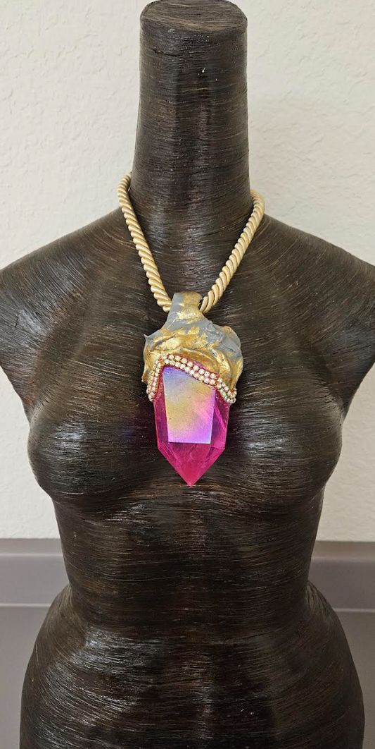 Red Aura Quartz Point Sculpted Gemstone Pendant & Satin Rope - Unisex