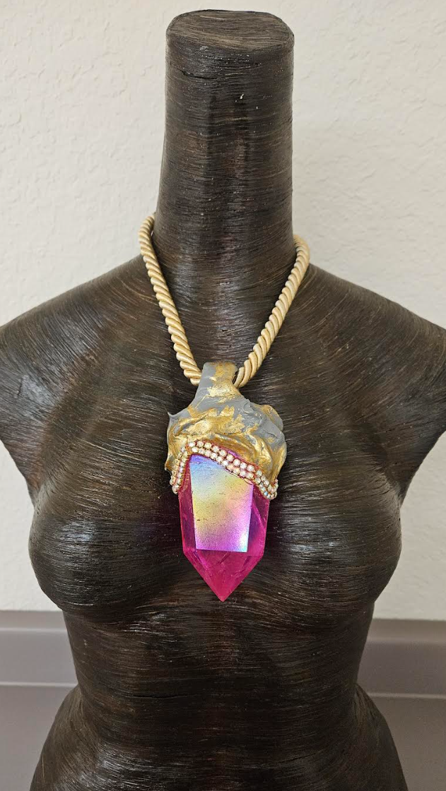 Red Aura Quartz Point Sculpted Gemstone Pendant & Satin Rope - Unisex