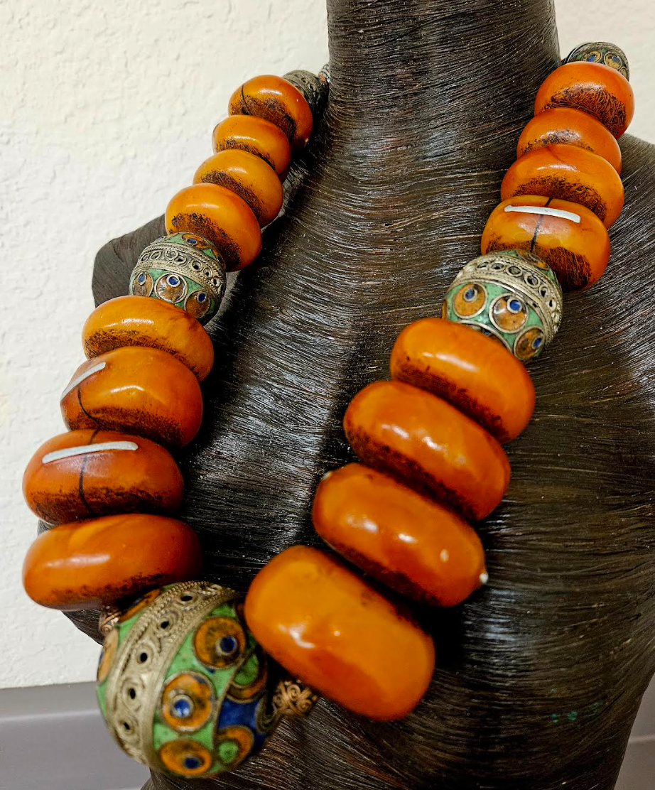Faux Amber & Berber Egg Beaded Ethnic Luxury Statement Necklace - Diva