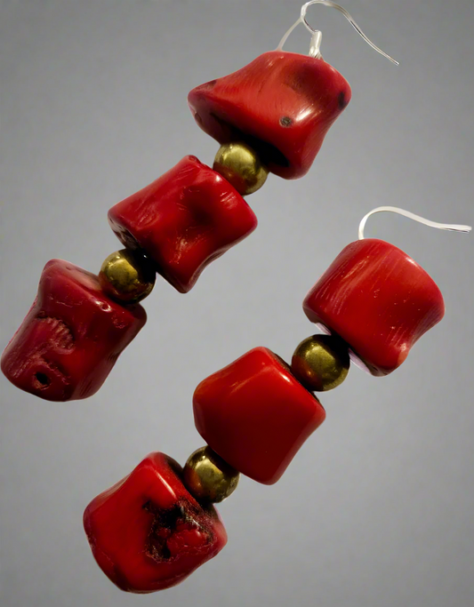 Chunky Red Coral Nugget & Gold Ball Dangle Pierced Statement Earrings