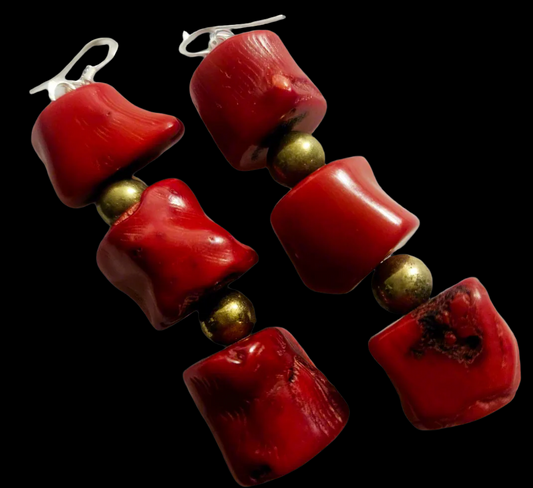 Chunky Red Coral Nugget & Gold Ball Dangle Pierced Statement Earrings