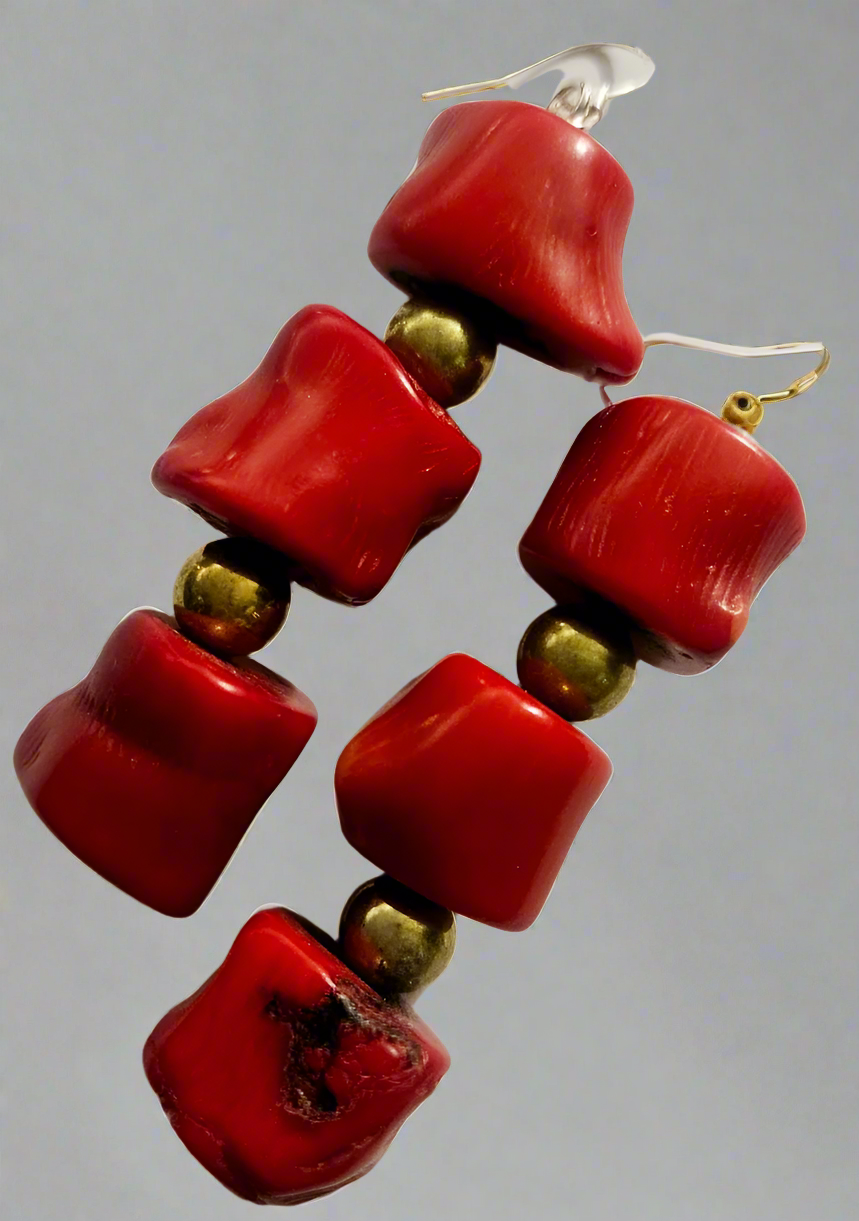 Chunky Red Coral Nugget & Gold Ball Dangle Pierced Statement Earrings