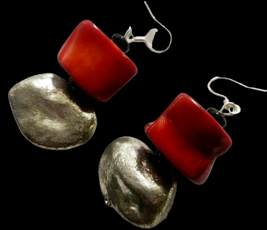Red Coral & Silver Metallic Freeform Beaded Pierced Dangle Earrings
