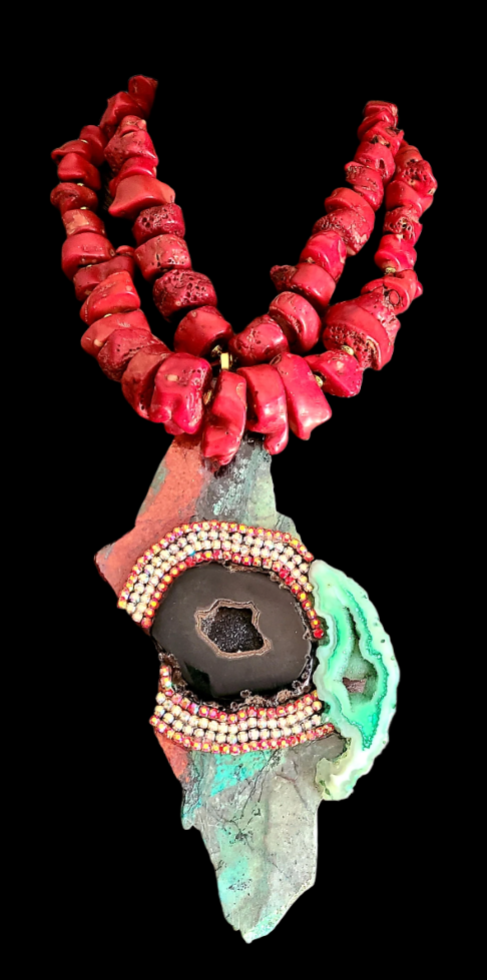 Sonora Slab & Druzy Agate Museum Quality Chest Piece - Red Coral Necklace