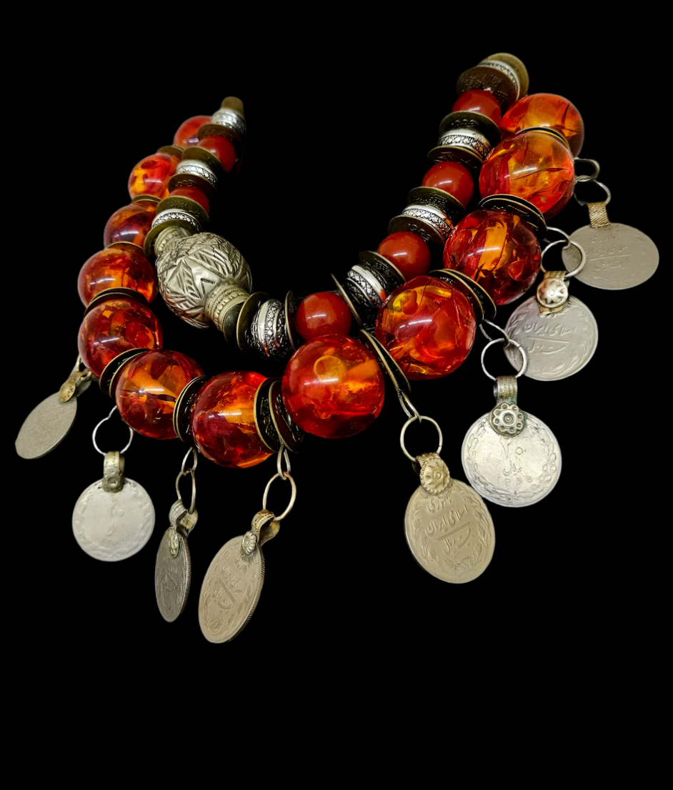 Tibetan Amber & Kuchi Coin Oversized Tribal Statement Luxury Necklace