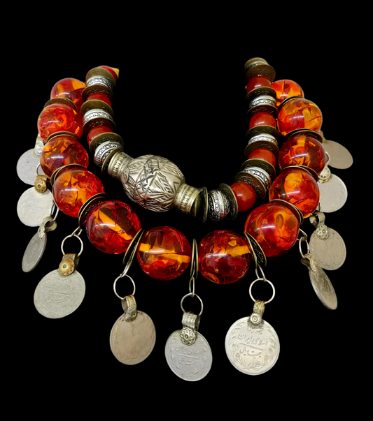Tibetan Amber & Kuchi Coin Oversized Tribal Statement Luxury Necklace