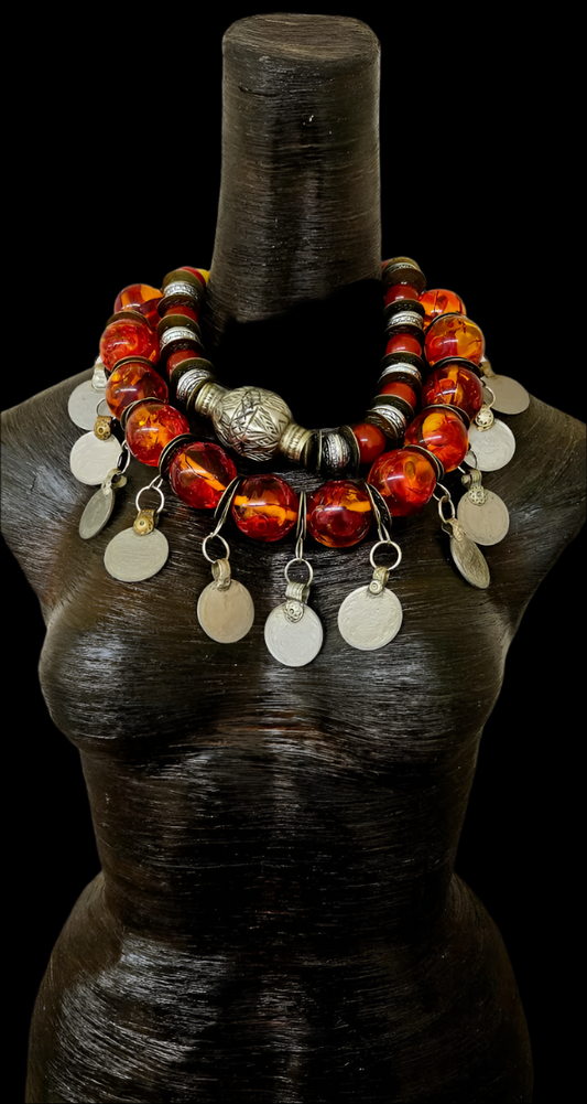 Tibetan Amber & Kuchi Coin Oversized Tribal Statement Luxury Necklace