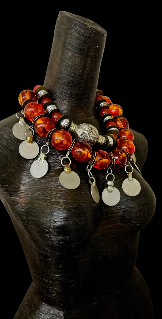 Tibetan Amber & Kuchi Coin Oversized Tribal Statement Luxury Necklace