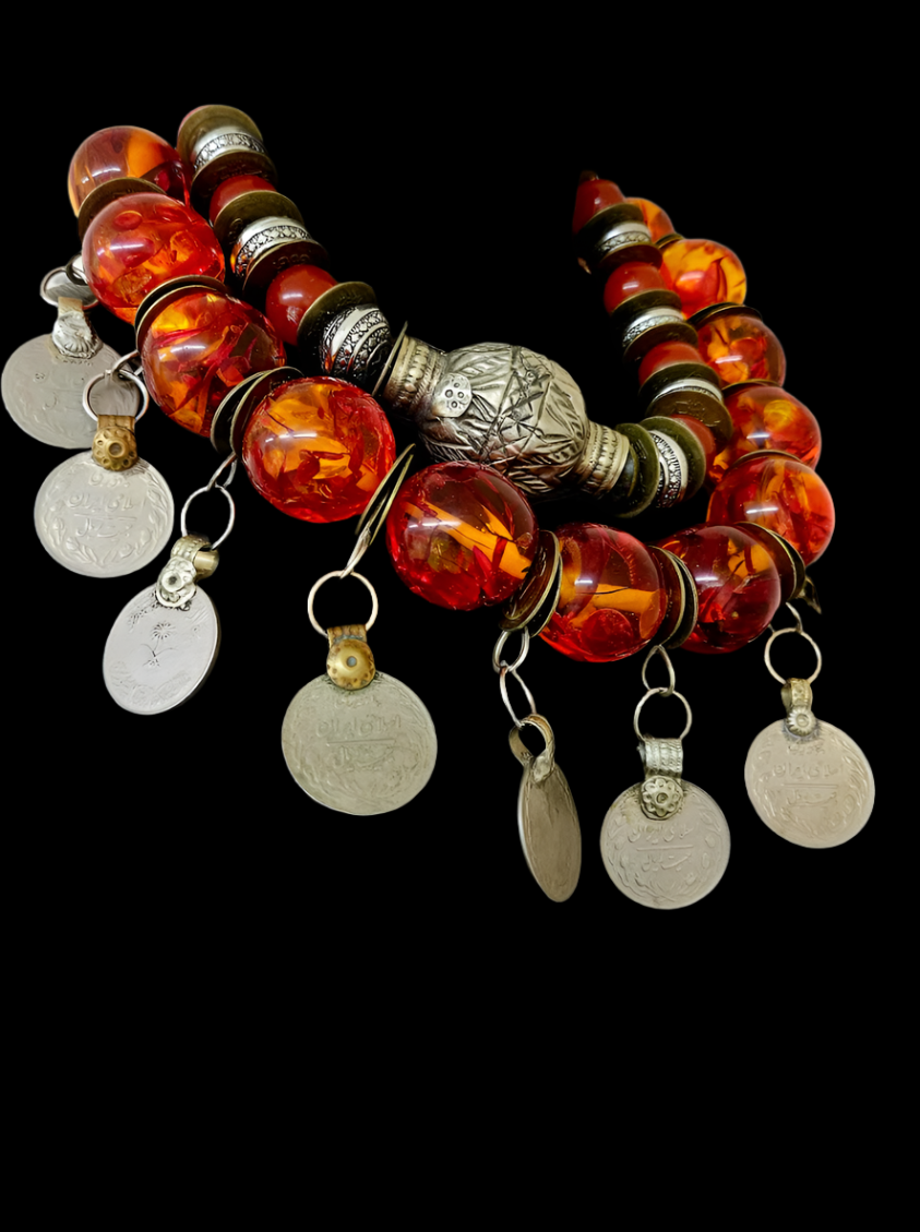 Tibetan Amber & Kuchi Coin Oversized Tribal Statement Luxury Necklace