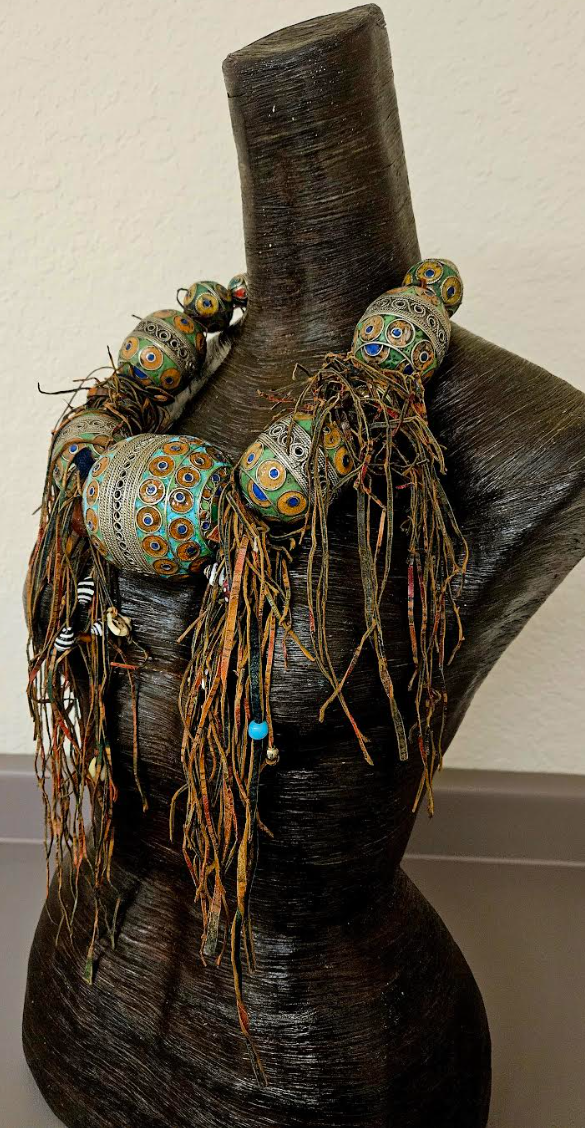 Berber Egg & Leather Beaded Fringe Tribal Statement Necklace - Luxury