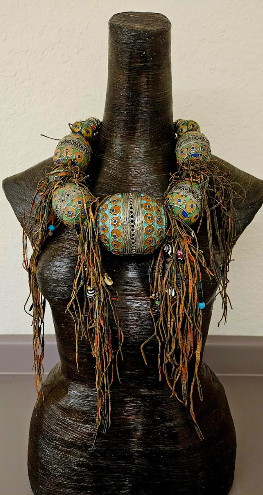 Berber Egg & Leather Beaded Fringe Tribal Statement Necklace - Luxury