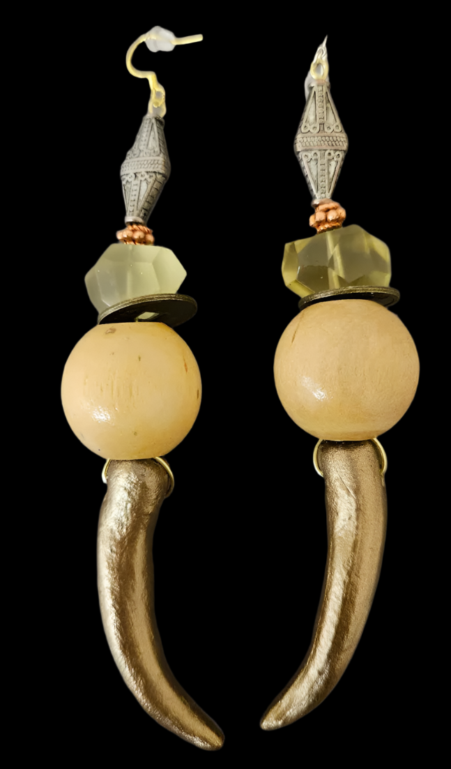 Gold Metallic Sculpted Antler Shoulder Duster Pierced Earrings - Earthy