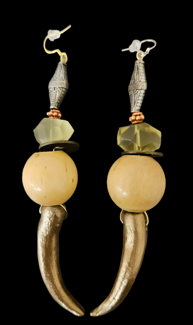 Gold Metallic Sculpted Antler Shoulder Duster Pierced Earrings - Earthy