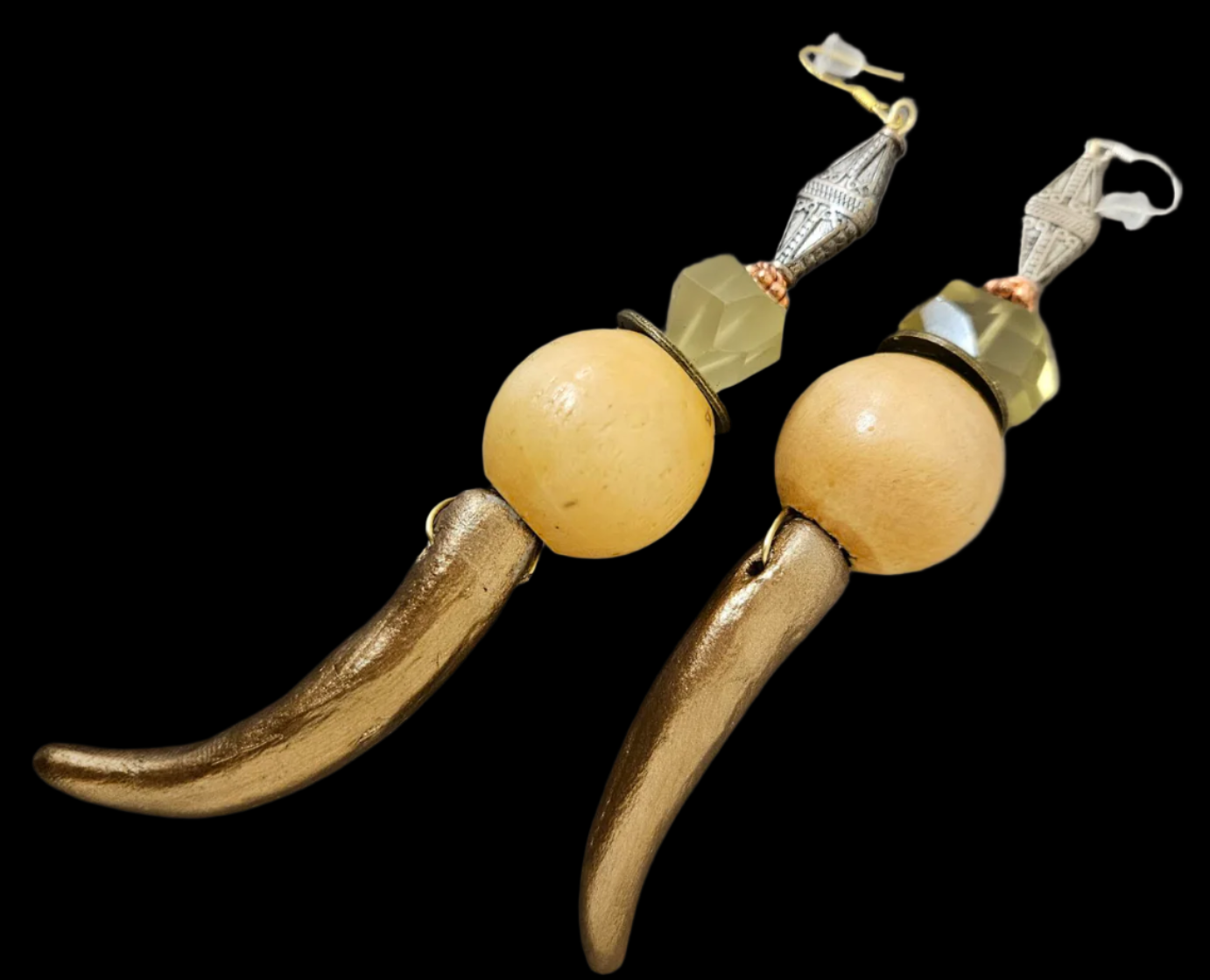 Gold Metallic Sculpted Antler Shoulder Duster Pierced Earrings - Earthy