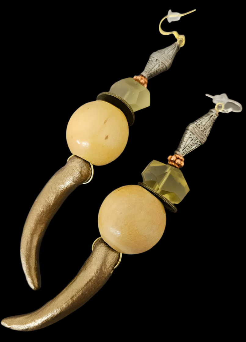 Gold Metallic Sculpted Antler Shoulder Duster Pierced Earrings - Earthy