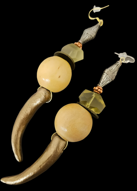 Gold Metallic Sculpted Antler Shoulder Duster Pierced Earrings - Earthy