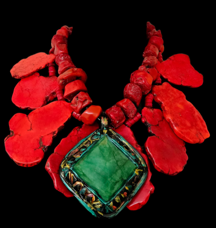 Sculpted Emerald & Coral Nugget and Sea Sediment Slab Necklace Set