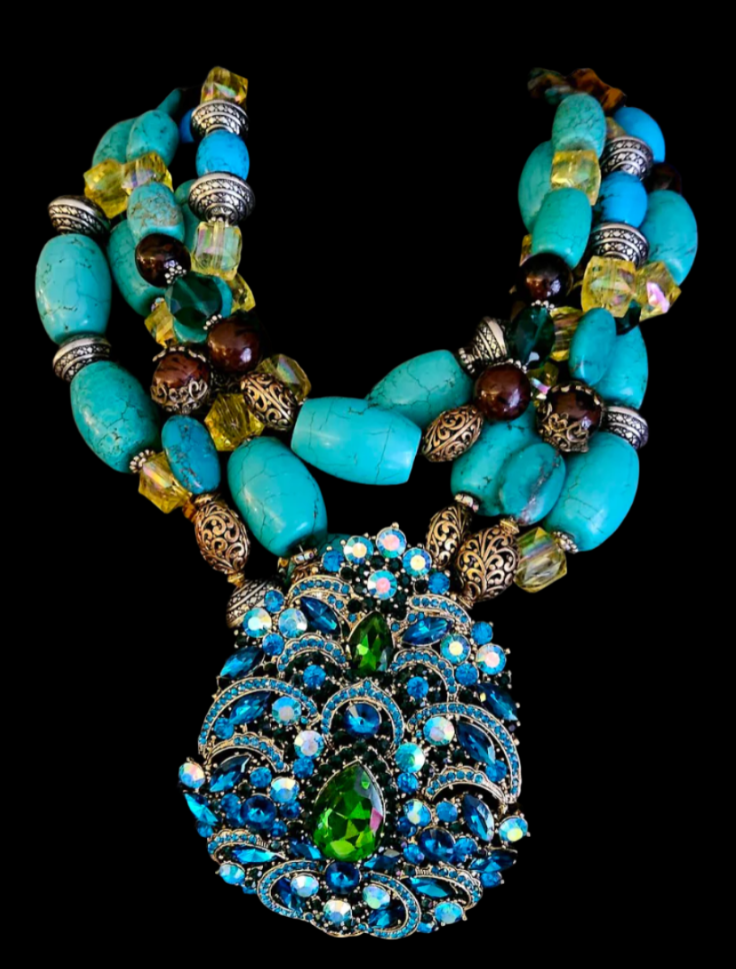 Mixed Media Beaded Multi Strand Statement Necklace & Huge Rhinestone Pendant