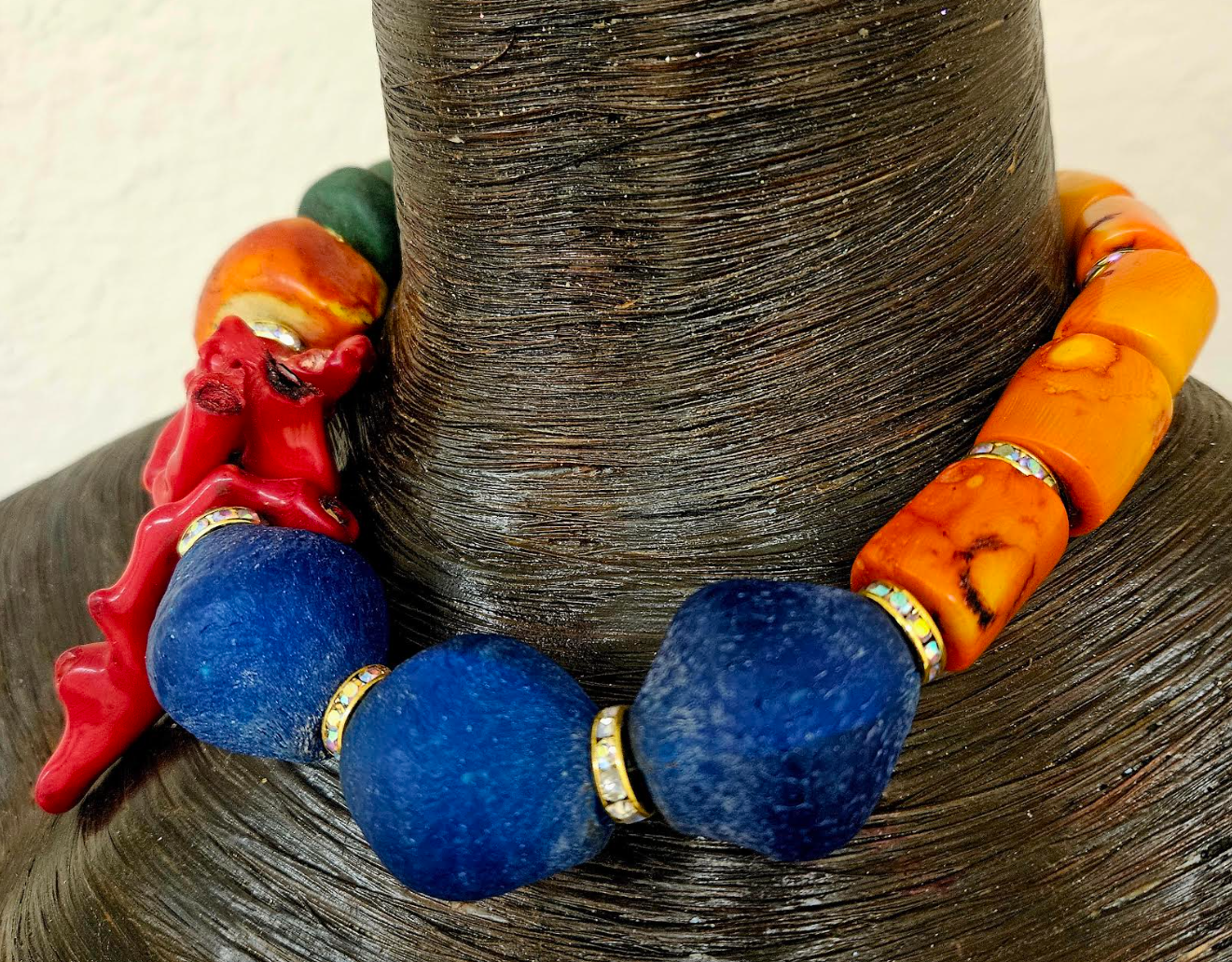 Glass, Coral and Resin Beaded Oversized Choker - Bold Chunky Heavy