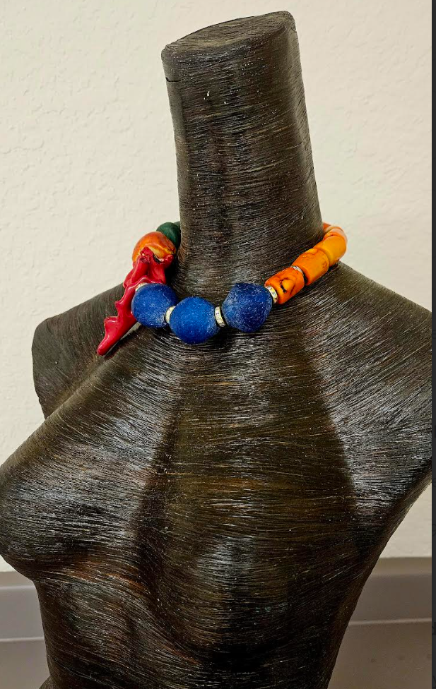 Glass, Coral and Resin Beaded Oversized Choker - Bold Chunky Heavy
