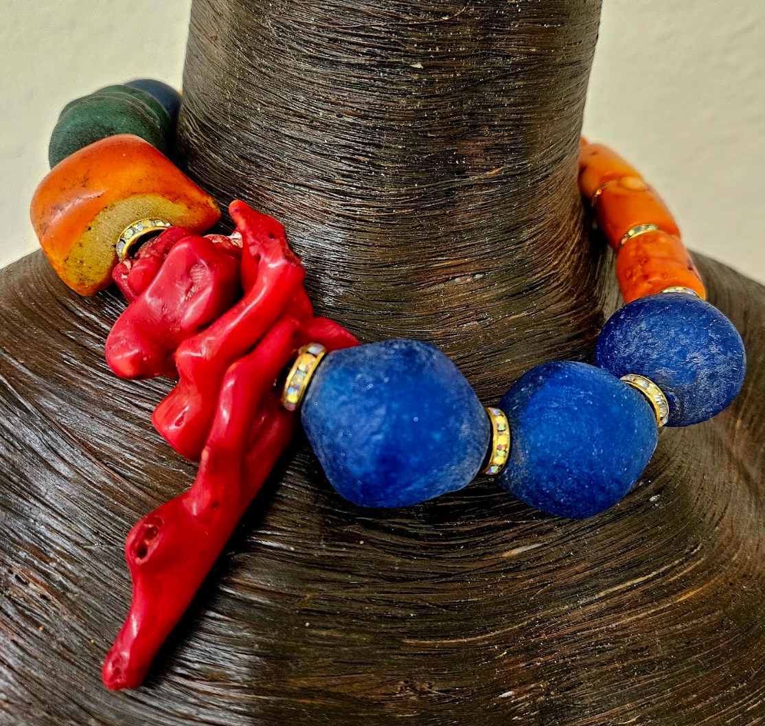 Glass, Coral and Resin Beaded Oversized Choker - Bold Chunky Heavy