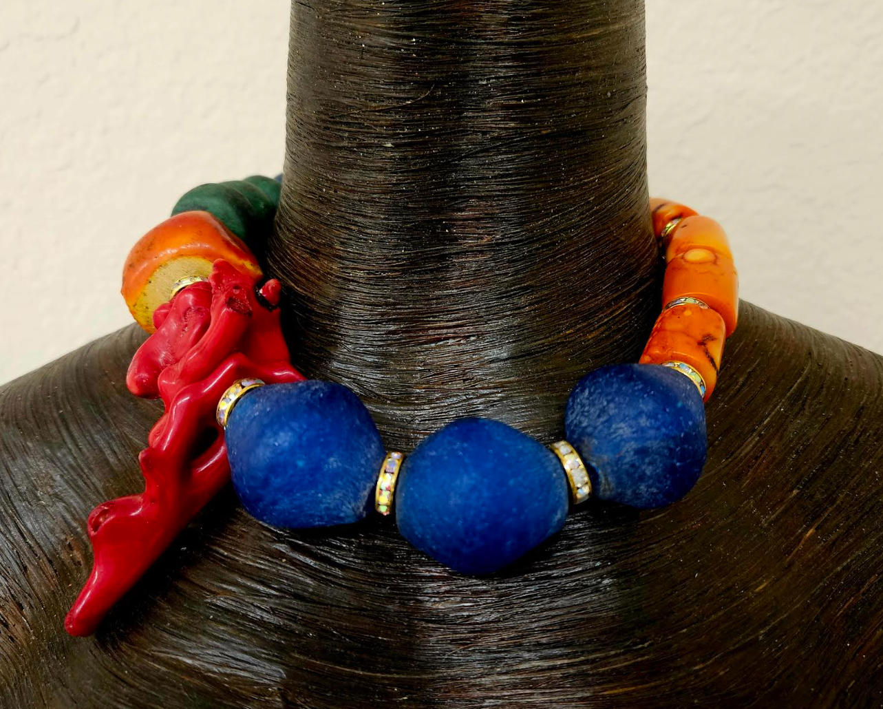 Glass, Coral and Resin Beaded Oversized Choker - Bold Chunky Heavy