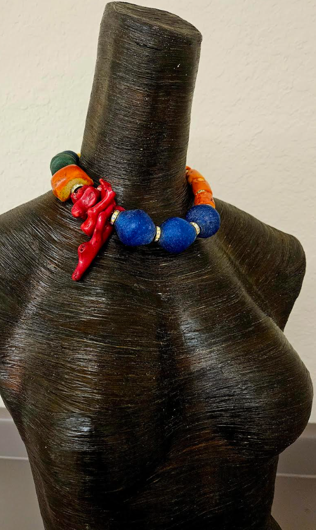 Glass, Coral and Resin Beaded Oversized Choker - Bold Chunky Heavy