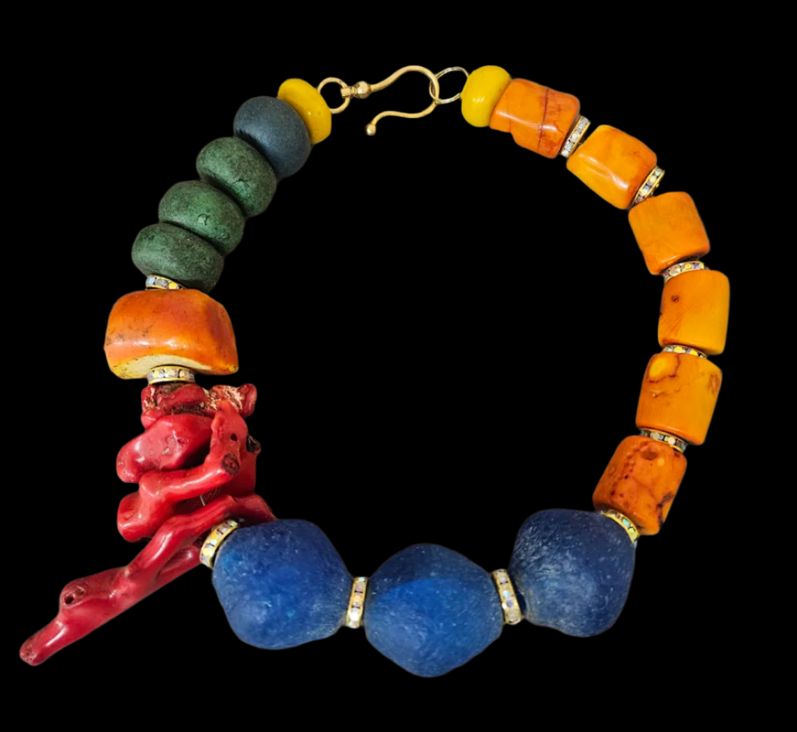 Glass, Coral and Resin Beaded Oversized Choker - Bold Chunky Heavy