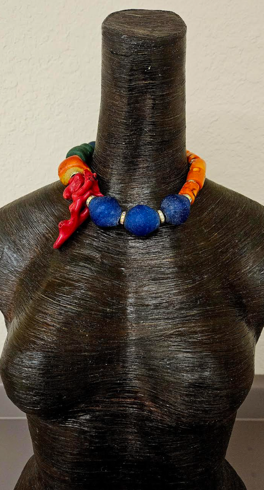 Coral & Glass Beaded Oversized Choker - Chunky Bold Dramatic