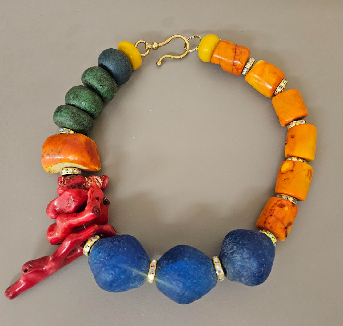 Glass, Coral and Resin Beaded Oversized Choker - Bold Chunky Heavy
