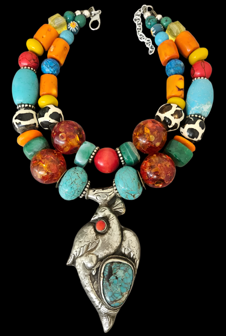 Colorful Mixed Media Beaded 2 Strand Tribal Necklace - Peacock Pendant